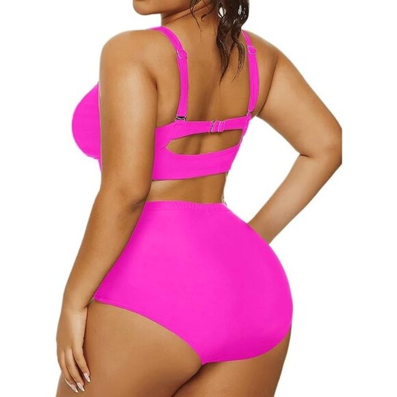 NWT DACI Twisted Front High Waisted Swimwear Plus Size -Neon Pink - Size 22W - Picture 2 of 12